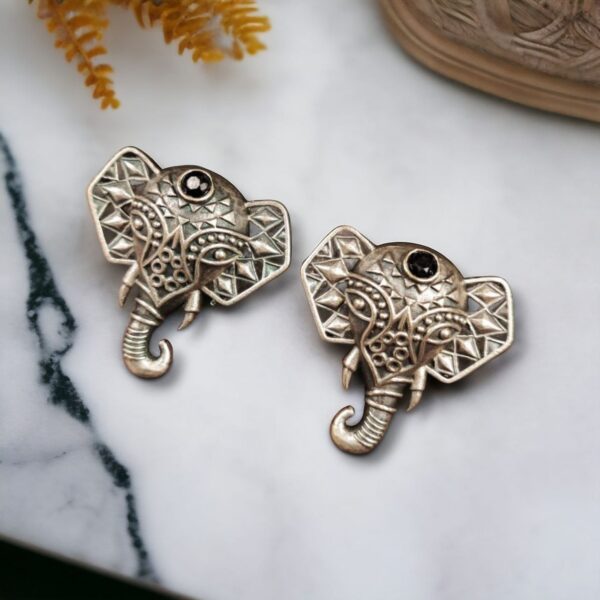 Unique Brass Elephant Stud Earrings with Perfect Stone Detailing - "Black"