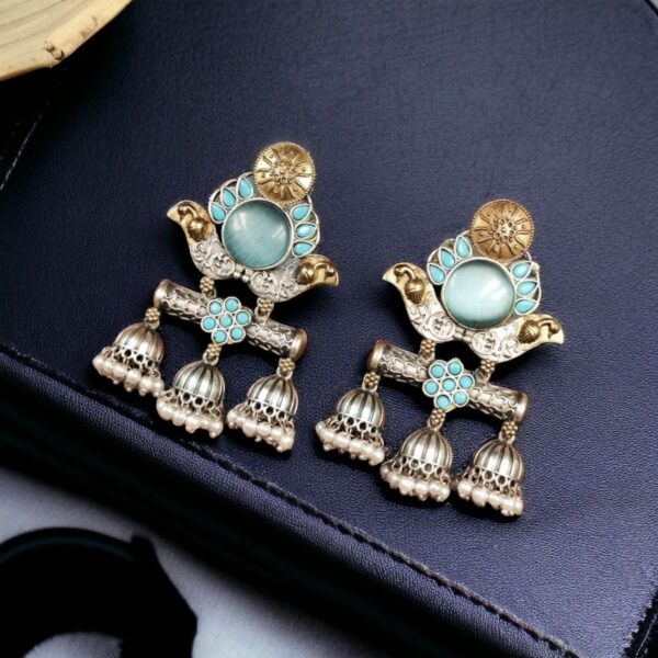 Dual Tone Monalisa Stone Jhumki Stud Earrings ? A Perfect Match for Ethnic Wear - "Aqua"