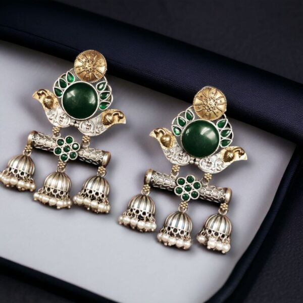 Dual Tone Monalisa Stone Jhumki Stud Earrings ? A Perfect Match for Ethnic Wear - "Green"