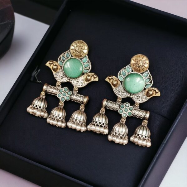 Dual Tone Monalisa Stone Jhumki Stud Earrings ? A Perfect Match for Ethnic Wear - "Mint"