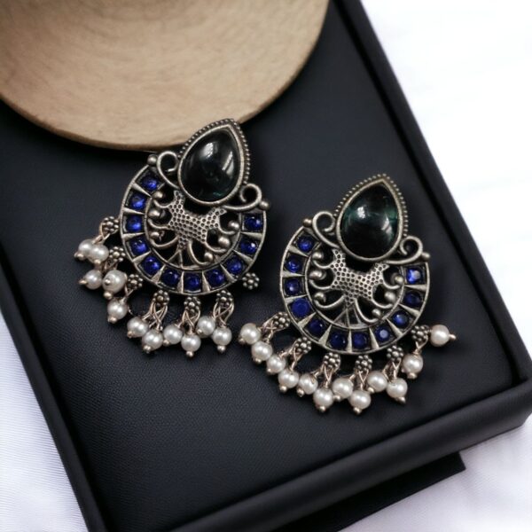 Elegant Brass Monalisa Stone Earrings ? A Perfect Ethnic Look - "Blue"