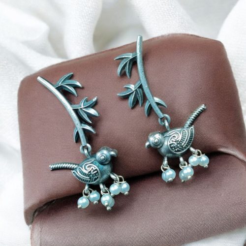 Oxidized Silver Look-Alike Bird Leaf Earrings ? Unique Lightweight & Stylish - Image 2