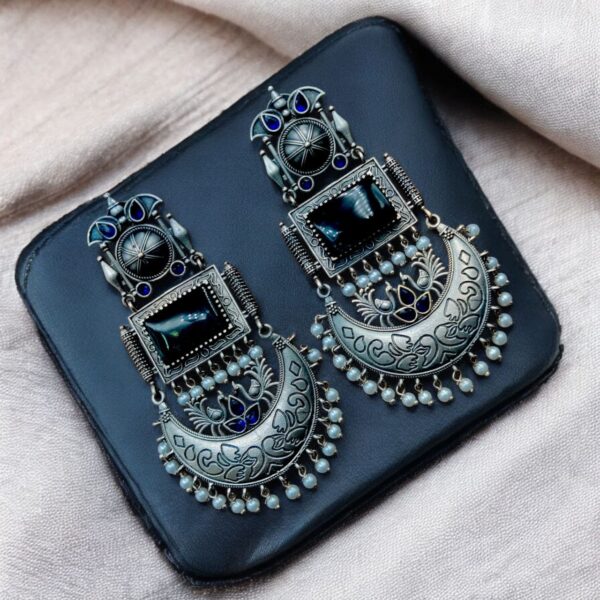 Vintage Look Oxidised Silver Monalisa Stone Earrings with Adorable Pearl Beads Detailing - "Blue"