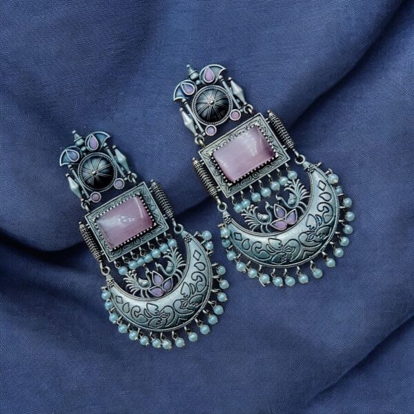 Vintage Look Oxidised Silver Monalisa Stone Earrings with Adorable Pearl Beads Detailing - "Baby Pink"