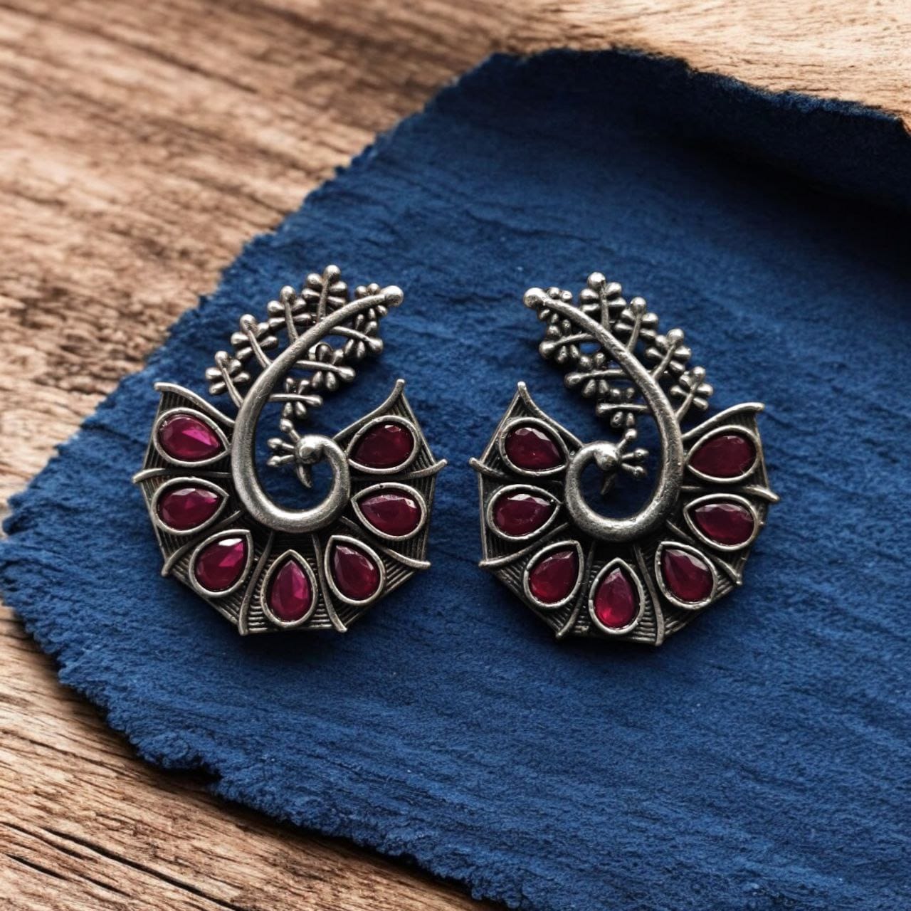 Stylish Oxidized Earrings with Unique Peacock Design & Stunning Stone Detailing - Image 2