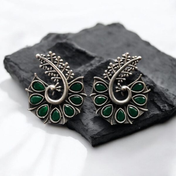 Stylish Oxidized Earrings with Unique Peacock Design & Stunning Stone Detailing - "Green"
