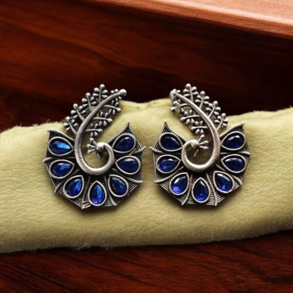 Stylish Oxidized Earrings with Unique Peacock Design & Stunning Stone Detailing - "Blue"