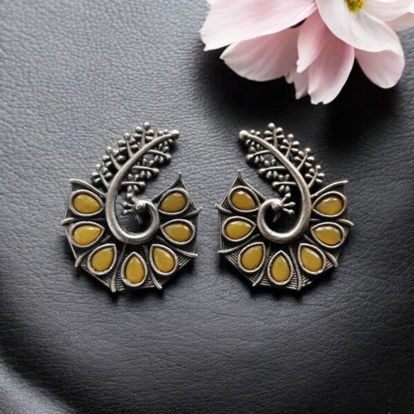 Stylish Oxidized Earrings with Unique Peacock Design & Stunning Stone Detailing - "Yellow"