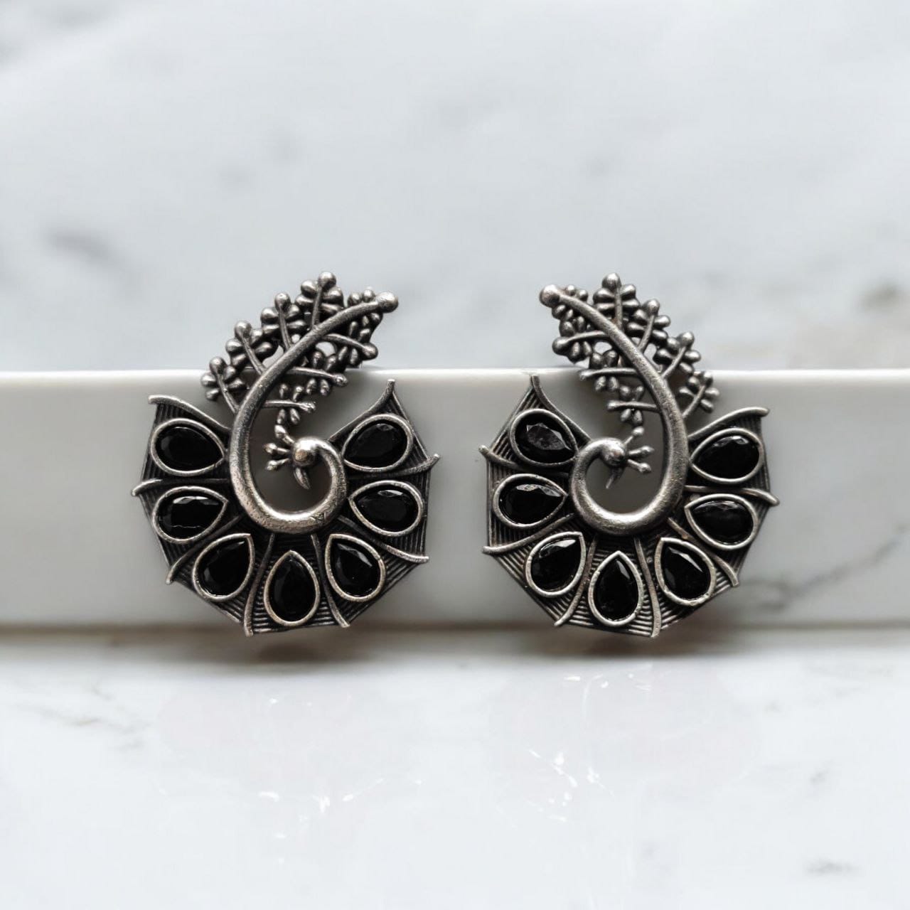 Stylish Oxidized Earrings with Unique Peacock Design & Stunning Stone Detailing - Image 8
