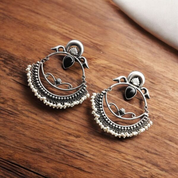 HandMade Silver Replica Chandbali Monalisa Stone Stud Dangler Earrings with Pearl Work - "Black"