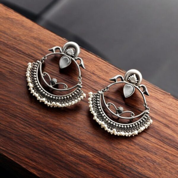 HandMade Silver Replica Chandbali Monalisa Stone Stud Dangler Earrings with Pearl Work - "Grey"