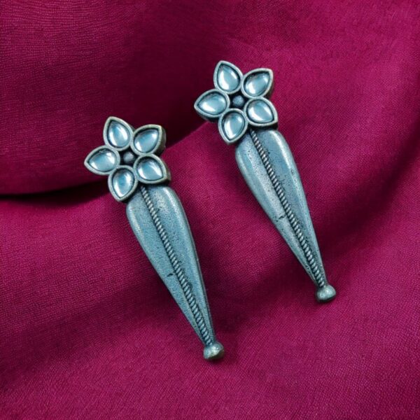 Oxidized Silver Stud Earrings with Flower Design & Adorable Delicate Stone Work - "White"