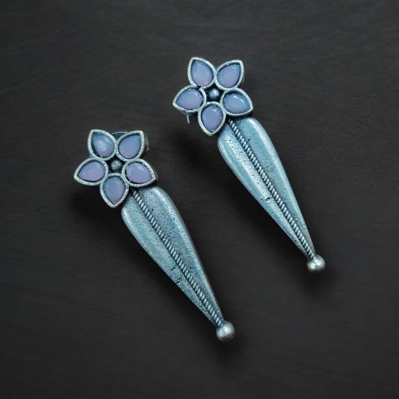 Oxidized Silver Stud Earrings with Flower Design & Adorable Delicate Stone Work - Image 3