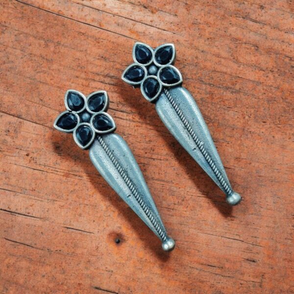 Oxidized Silver Stud Earrings with Flower Design & Adorable Delicate Stone Work - "Black"