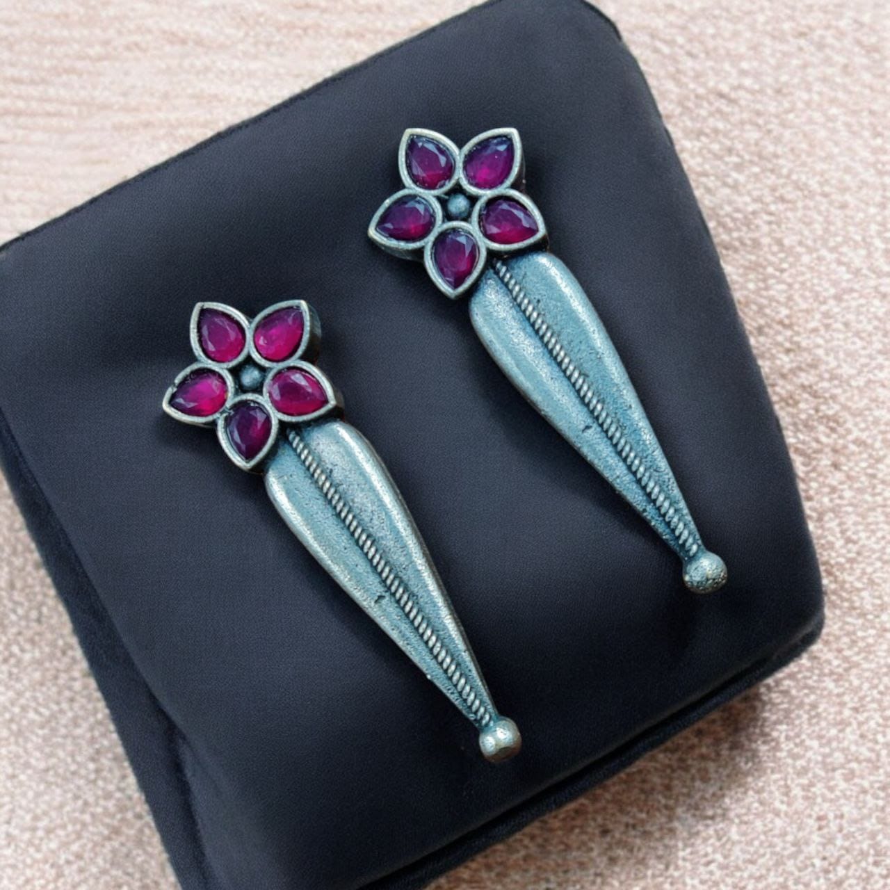 Oxidized Silver Stud Earrings with Flower Design & Adorable Delicate Stone Work - Image 5
