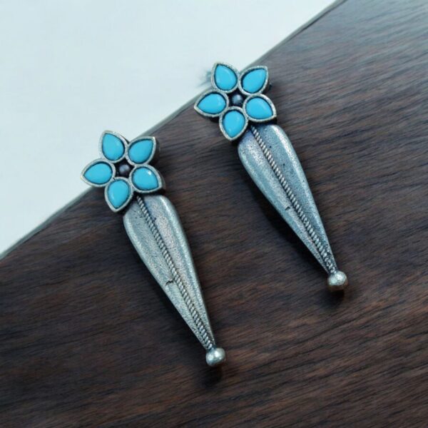 Oxidized Silver Stud Earrings with Flower Design & Adorable Delicate Stone Work - "Aqua"