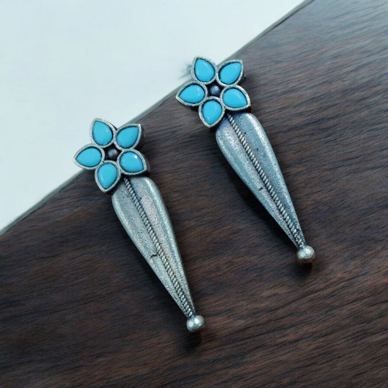 Oxidized Silver Stud Earrings with Flower Design & Adorable Delicate Stone Work - Image 6