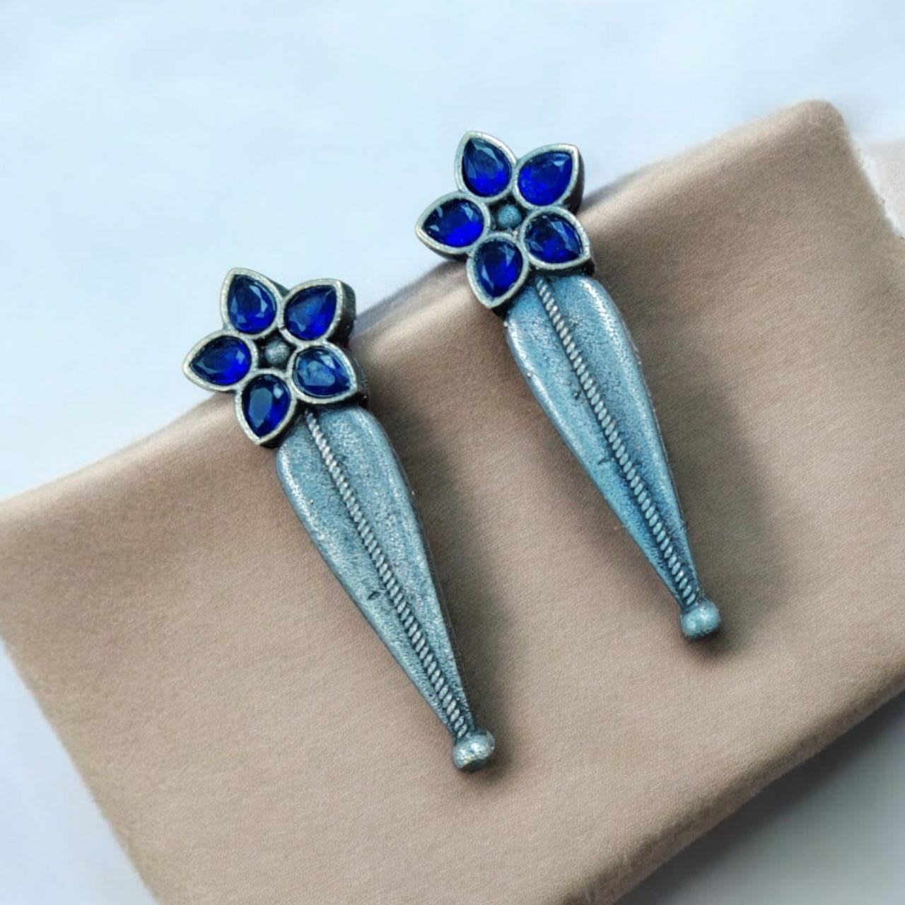 Oxidized Silver Stud Earrings with Flower Design & Adorable Delicate Stone Work - Image 7