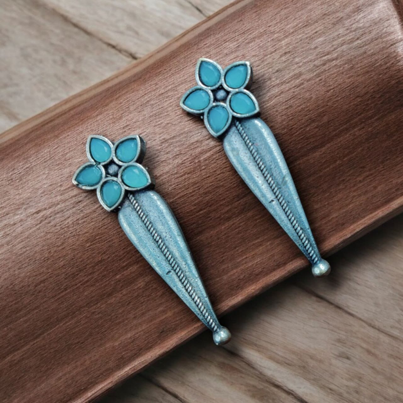 Oxidized Silver Stud Earrings with Flower Design & Adorable Delicate Stone Work - Image 9