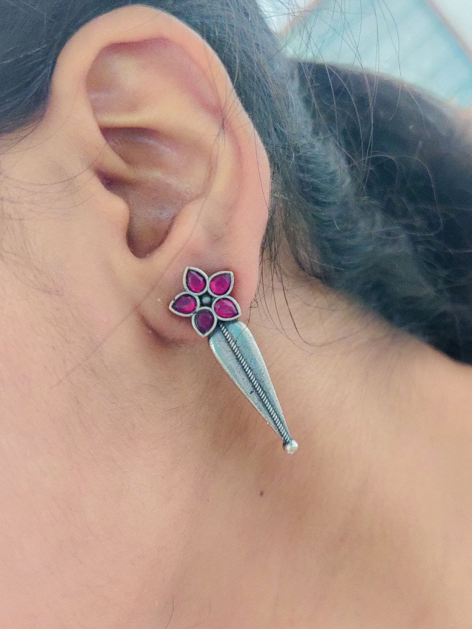 Oxidized Silver Stud Earrings with Flower Design & Adorable Delicate Stone Work