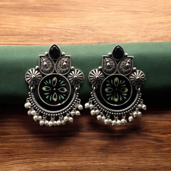 Oxidized Silver Replica Hand-Painted Stud Earrings with Beautiful Stone Work - "Black"