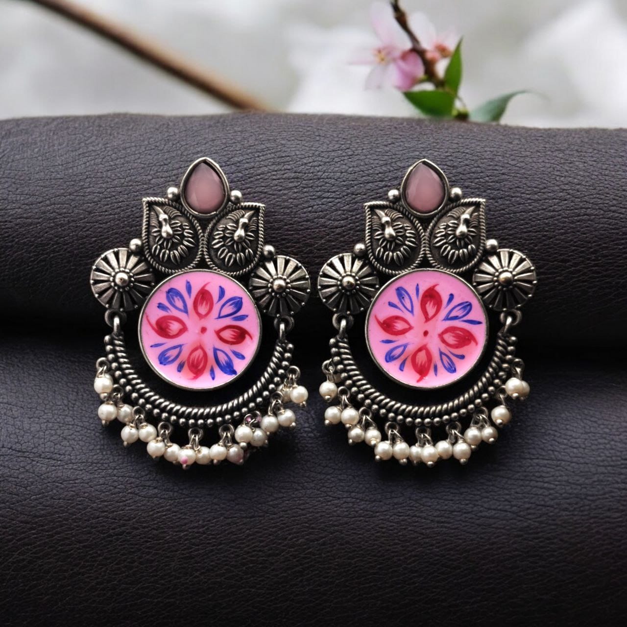Oxidized Silver Replica Hand-Painted Stud Earrings with Beautiful Stone Work - Image 4