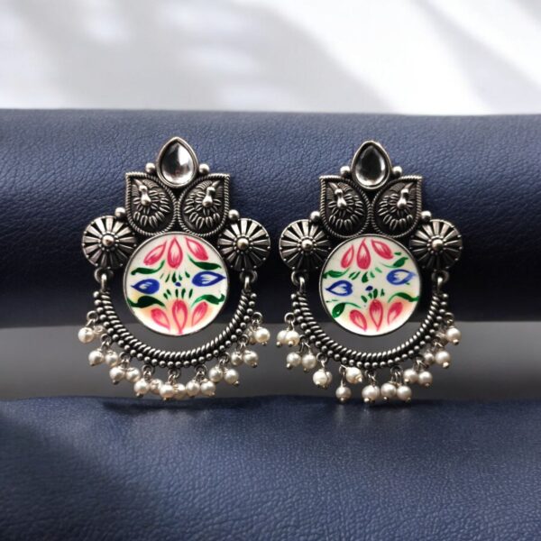 Oxidized Silver Replica Hand-Painted Stud Earrings with Beautiful Stone Work - "White-1"