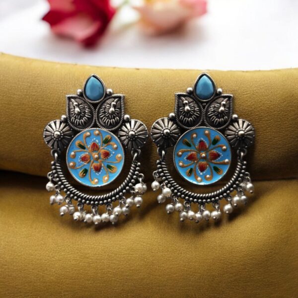 Oxidized Silver Replica Hand-Painted Stud Earrings with Beautiful Stone Work - "Aqua"