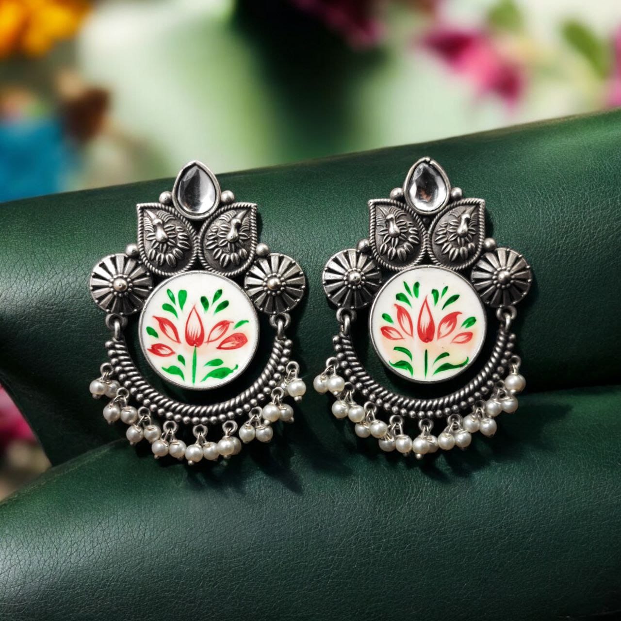Oxidized Silver Replica Hand-Painted Stud Earrings with Beautiful Stone Work - Image 7