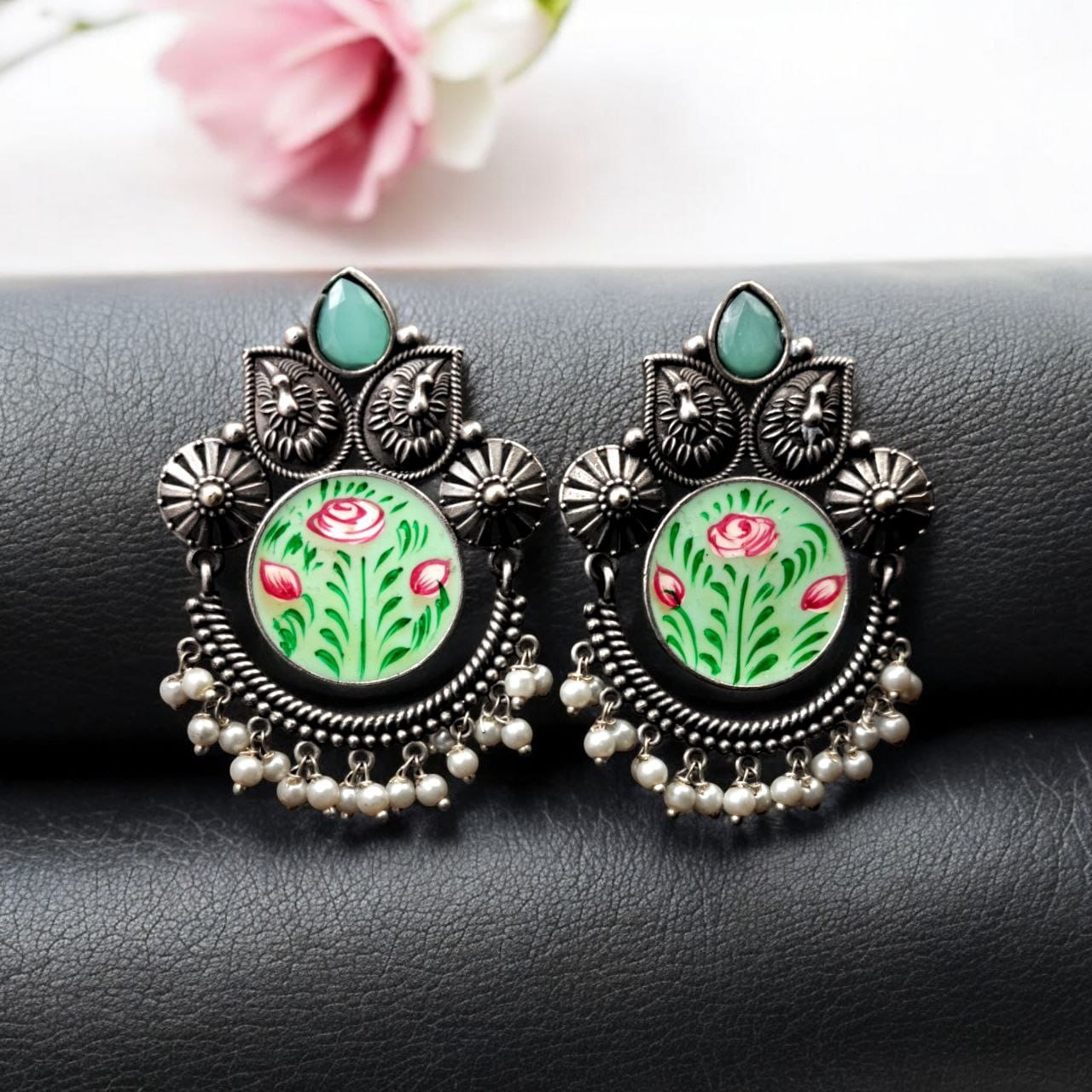 Oxidized Silver Replica Hand-Painted Stud Earrings with Beautiful Stone Work - Image 8