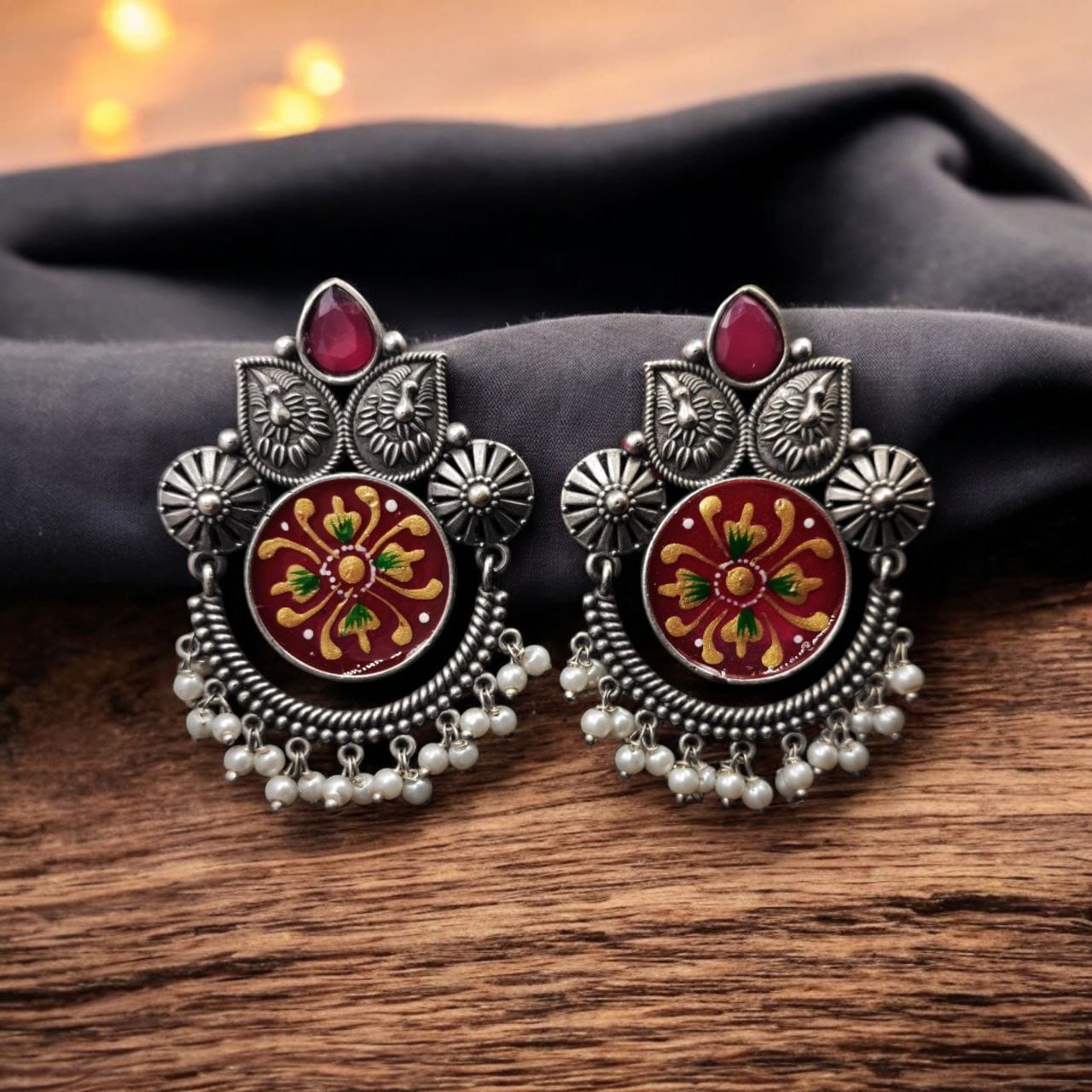 Oxidized Silver Replica Hand-Painted Stud Earrings with Beautiful Stone Work - Image 9