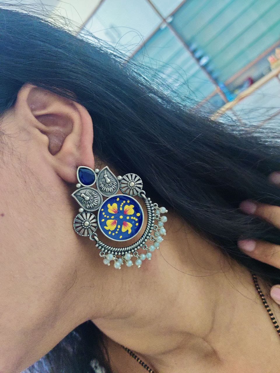 Oxidized Silver Replica Hand-Painted Stud Earrings with Beautiful Stone Work - Image 2