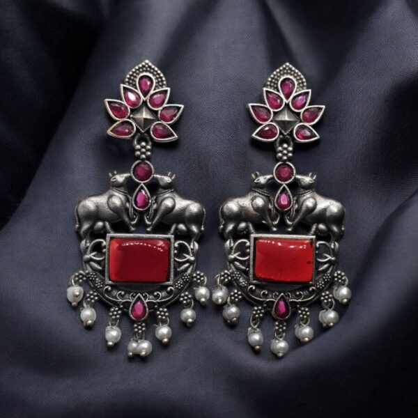 Lightweight Oxidized Nandi Earrings with Silver Touch & Beautiful Monalisa Stone - "Red"