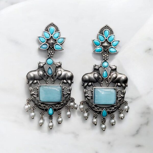 Lightweight Oxidized Nandi Earrings with Silver Touch & Beautiful Monalisa Stone - "Aqua"