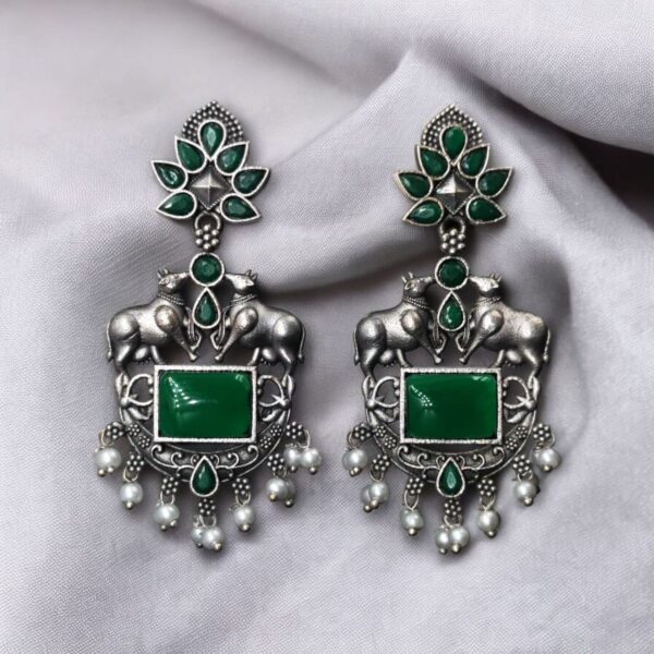 Lightweight Oxidized Nandi Earrings with Silver Touch & Beautiful Monalisa Stone - "Green"