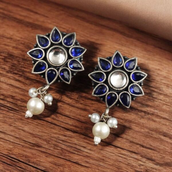 Silver Replica Flower Studs With Pearl Beads | Best Daily Wear Earrings - "Blue"