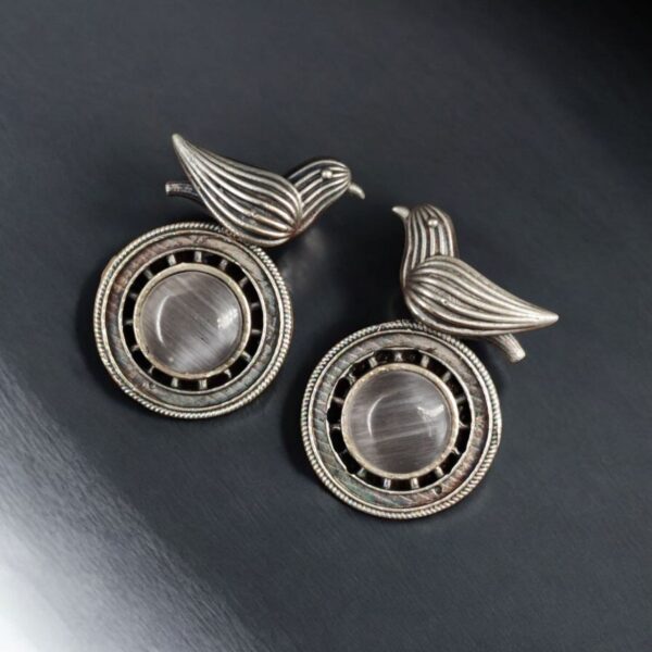 Silver Look alike Oxidized Bird Stud Earrings with Stunning Monalisa Stone - "Grey"