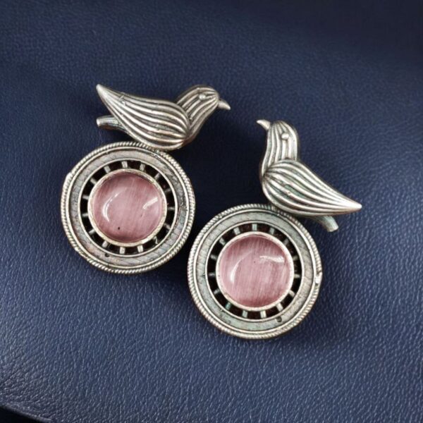Silver Look alike Oxidized Bird Stud Earrings with Stunning Monalisa Stone - "Baby Pink"