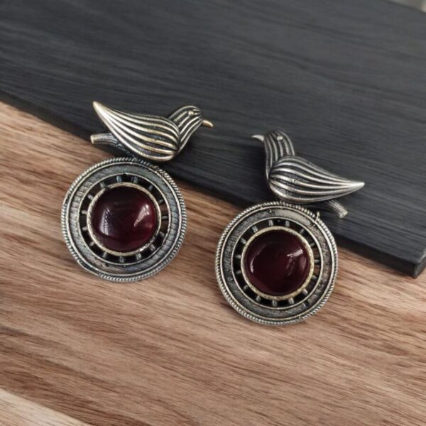Silver Look alike Oxidized Bird Stud Earrings with Stunning Monalisa Stone - "Red"