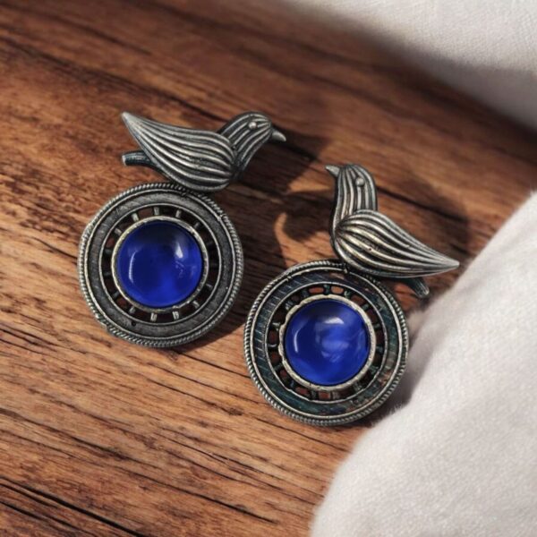Silver Look alike Oxidized Bird Stud Earrings with Stunning Monalisa Stone - "Blue"
