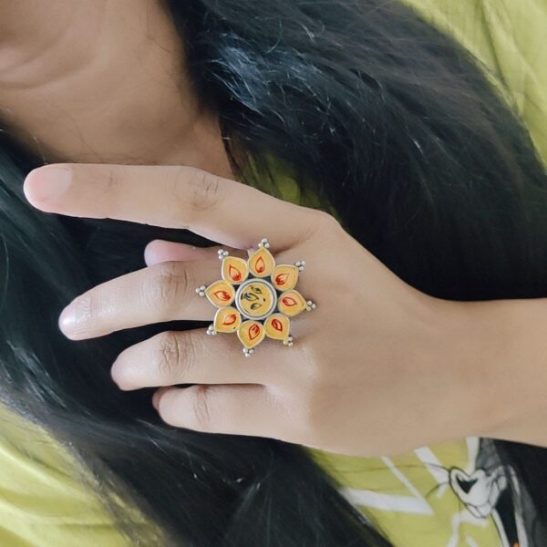 Oxidised Handpainted Flower Finger Ring Adjustable ? Unique Traditional Jewelry - "Yellow"