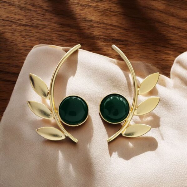 Western Style Gold-Plated Leaf Earrings with Monalisa Stone - Adorable Handmade jewelry - "Green"