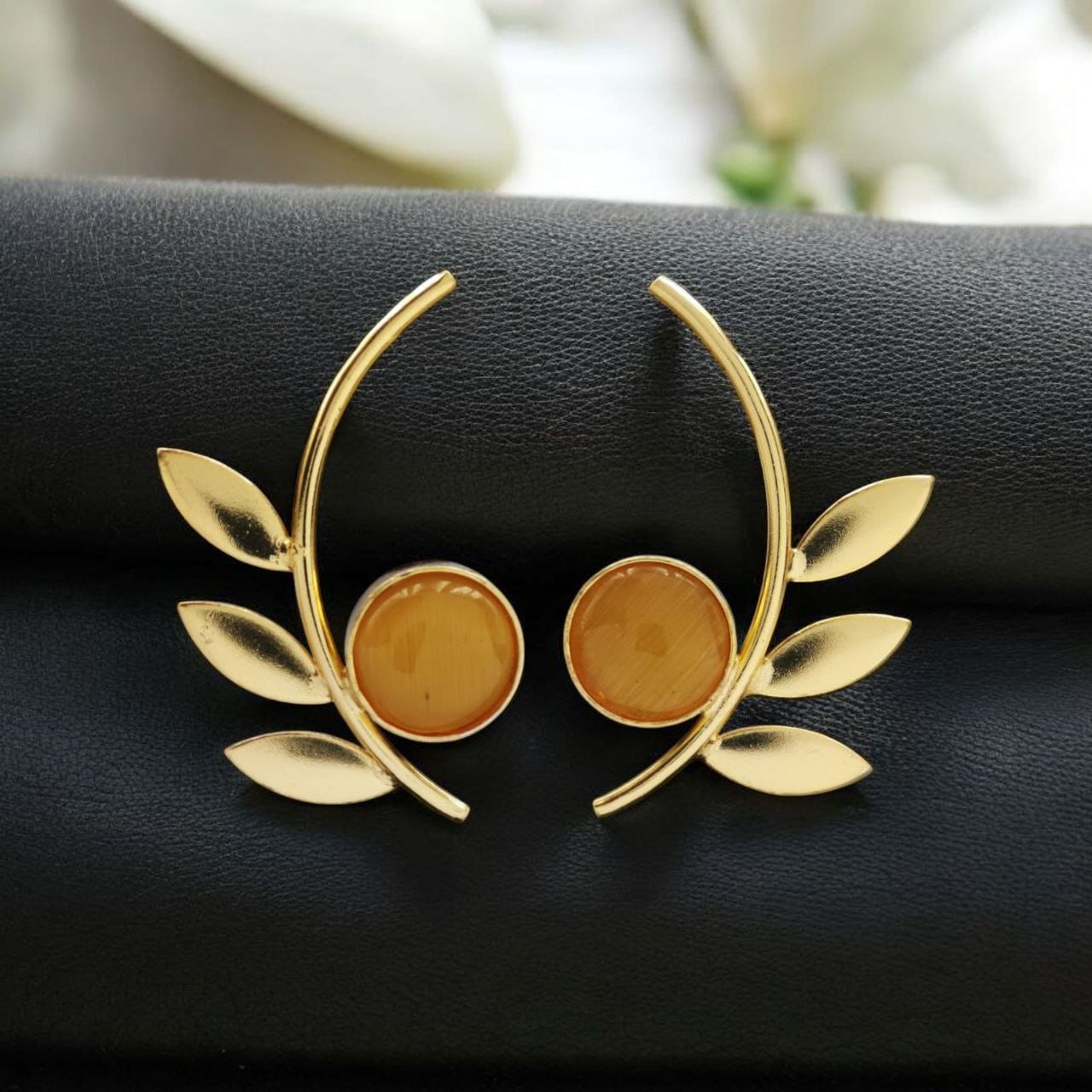 Western Style Gold-Plated Leaf Earrings with Monalisa Stone - Adorable Handmade jewelry - Image 7