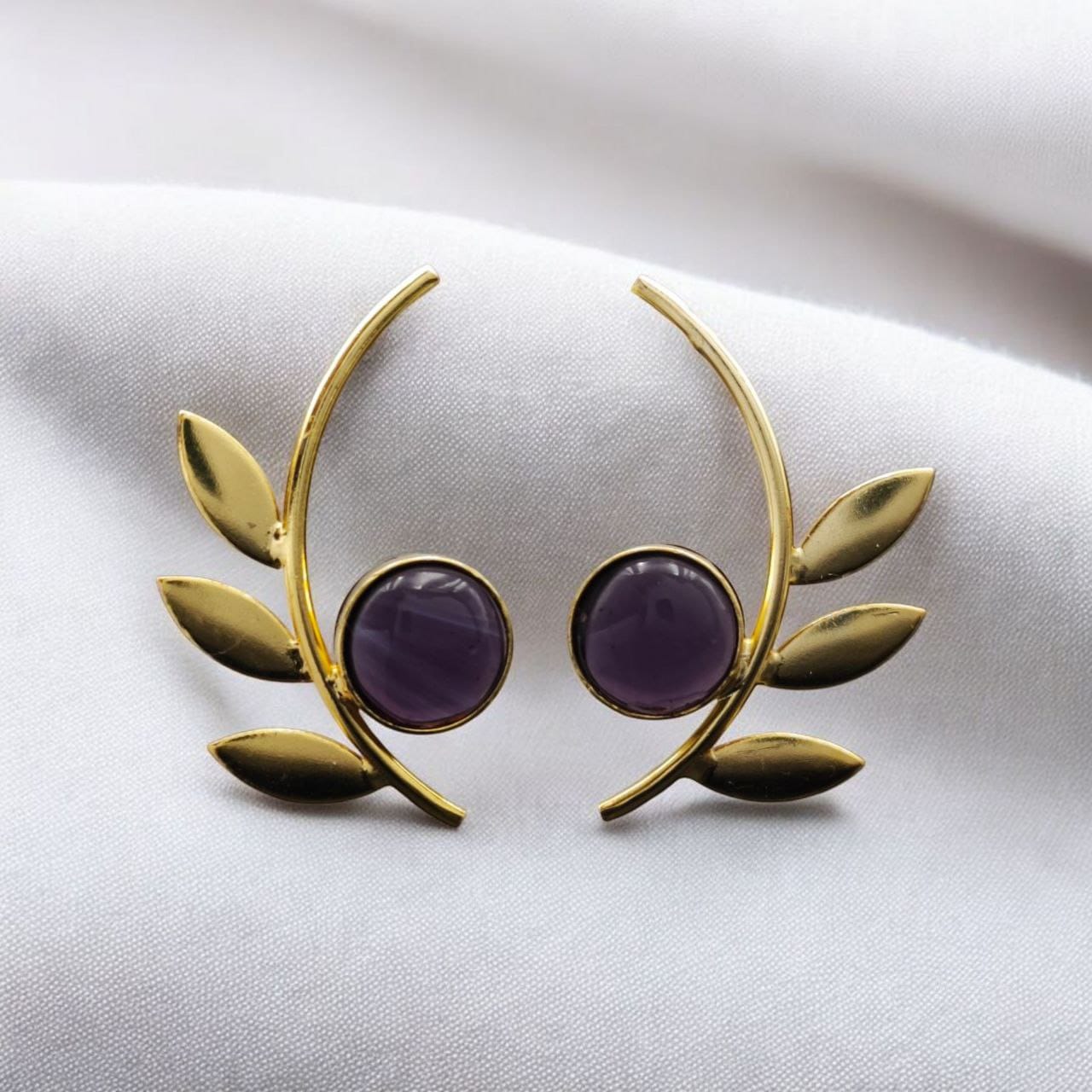 Western Style Gold-Plated Leaf Earrings with Monalisa Stone - Adorable Handmade jewelry - Image 6