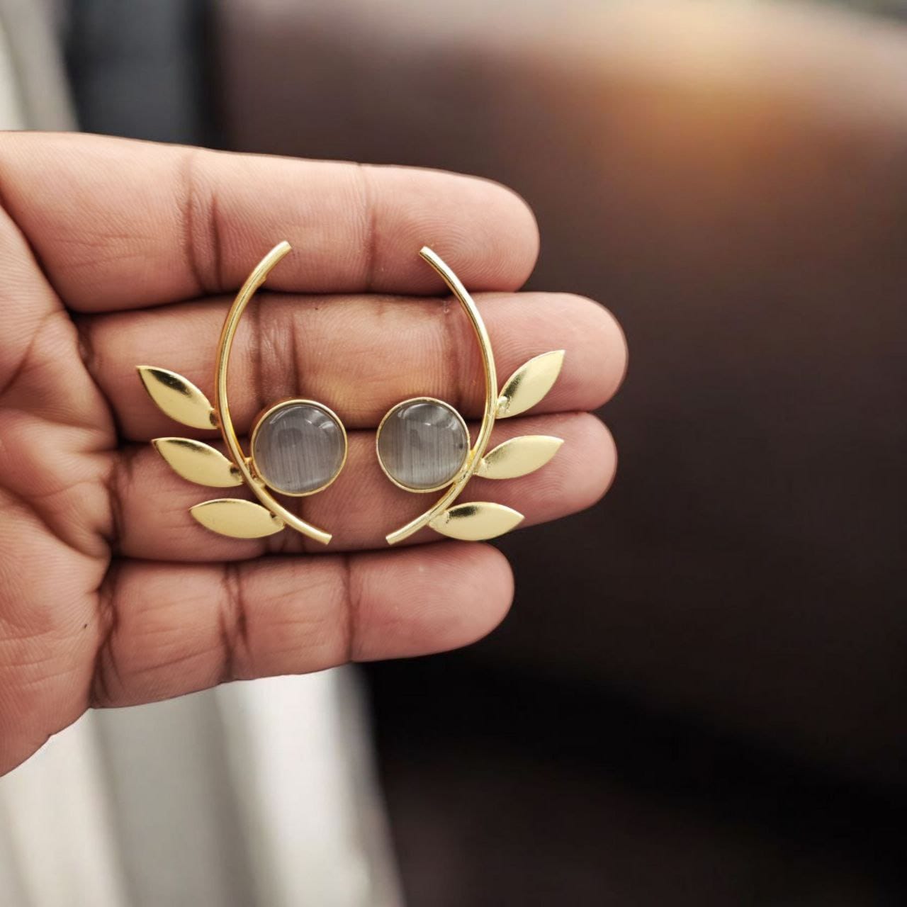 Western Style Gold-Plated Leaf Earrings with Monalisa Stone - Adorable Handmade jewelry - Image 3