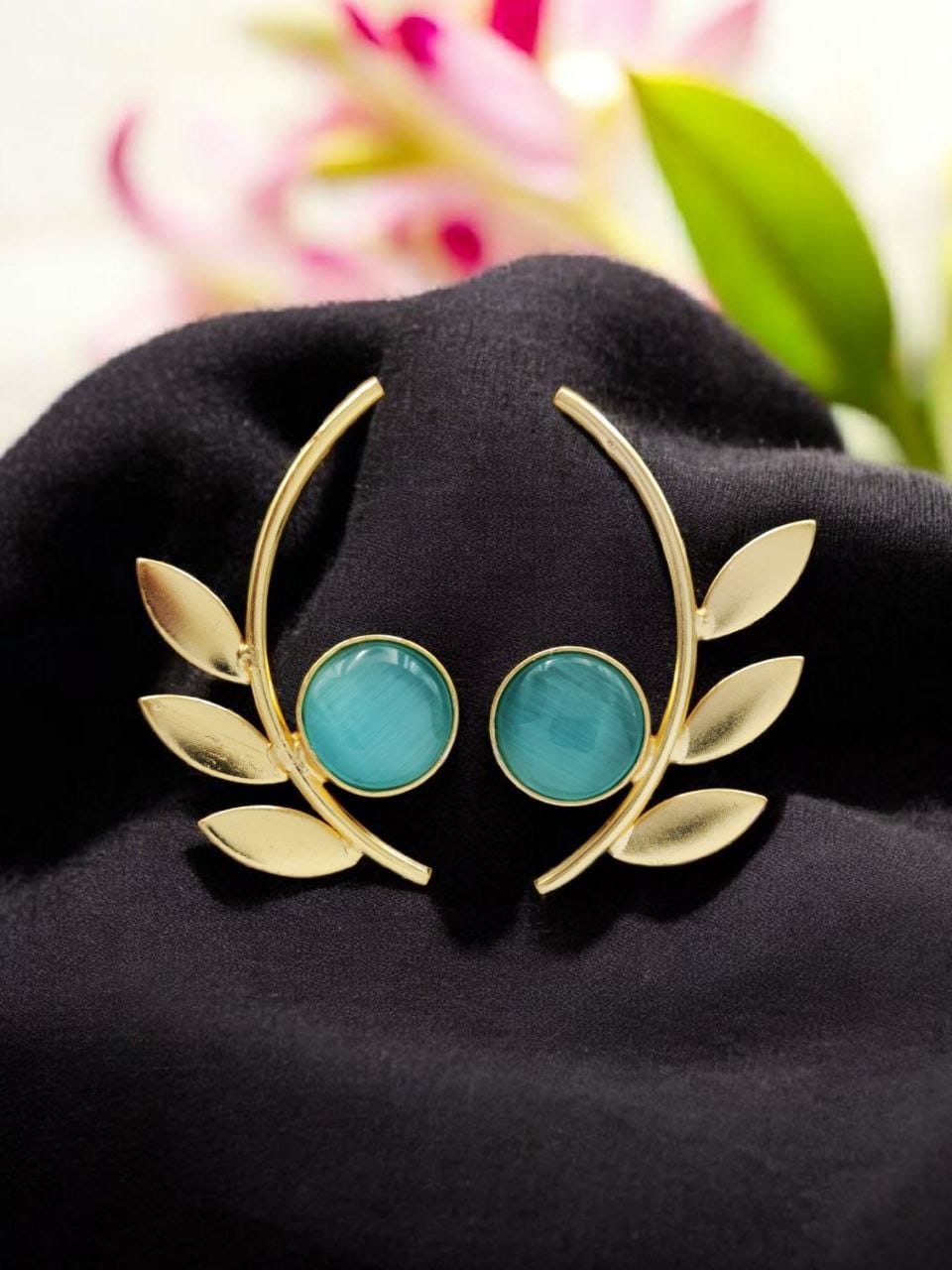 Western Style Gold-Plated Leaf Earrings with Monalisa Stone - Adorable Handmade jewelry - Image 12