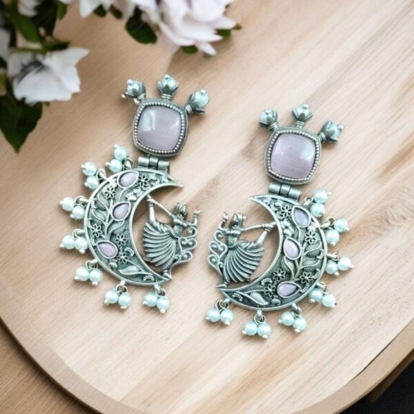 Handcrafted Silver Look-Alike Amazing Dancing Girl Earrings with Floral Moon & Pearl Detailing - "Baby Pink"