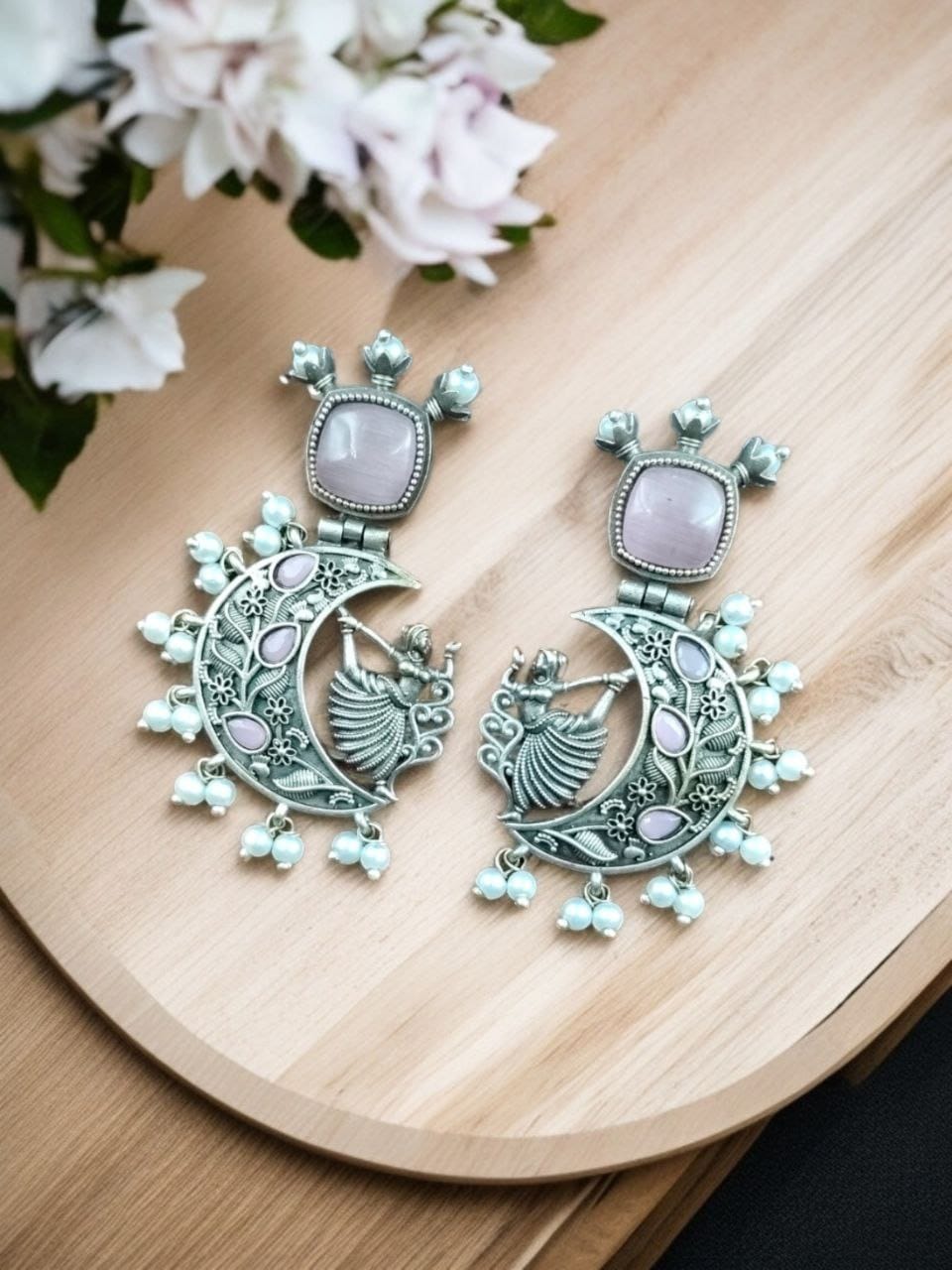 Handcrafted Silver Look-Alike Amazing Dancing Girl Earrings with Floral Moon & Pearl Detailing - Image 9