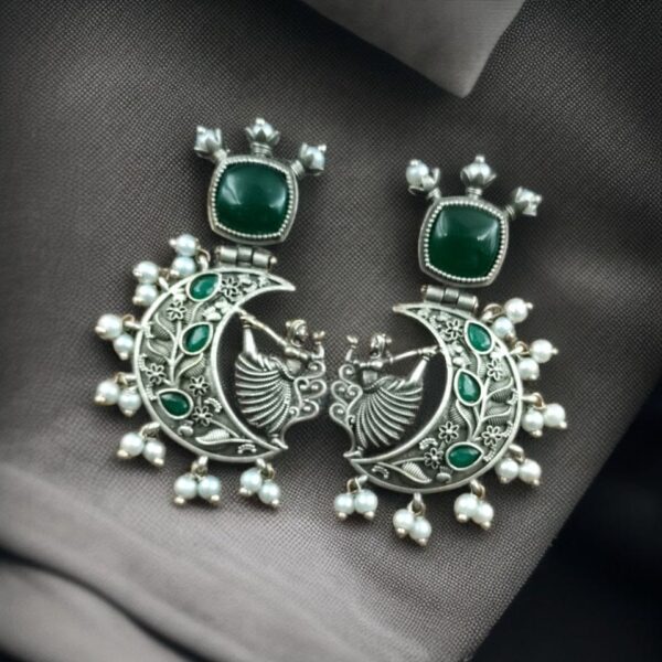 Handcrafted Silver Look-Alike Amazing Dancing Girl Earrings with Floral Moon & Pearl Detailing - "Green"