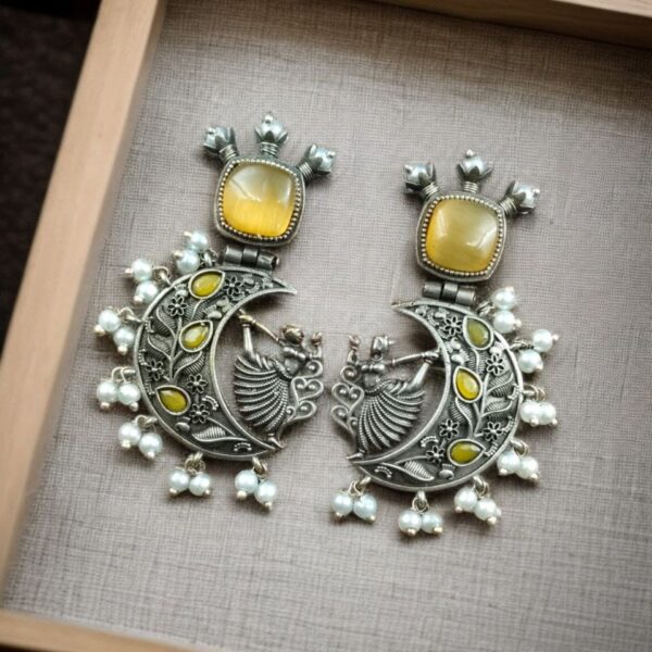 Handcrafted Silver Look-Alike Amazing Dancing Girl Earrings with Floral Moon & Pearl Detailing - "Yellow"
